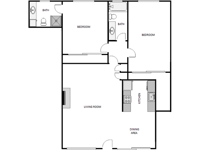 Floor plan for 2 beds, 2 baths, 1135 sqft